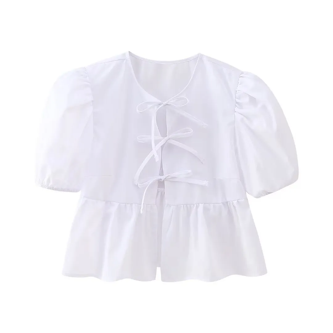 Women Sweet Casual Puff Sleeve Bow Knot Ruffled Stripe Leopard Blouse