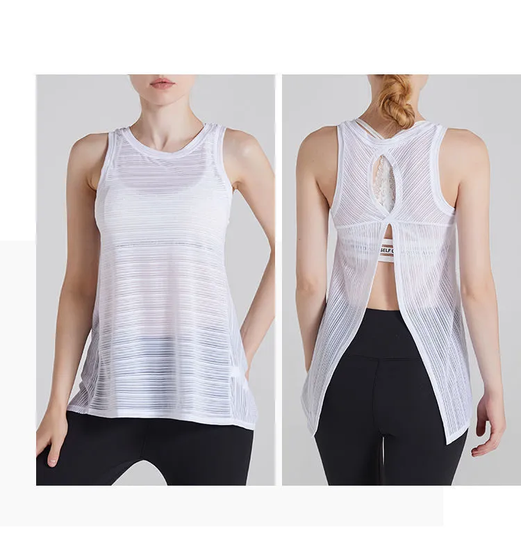 Women Casual Loose Breathable Solid Color Round Neck Sleeveless Back Split Sports Top