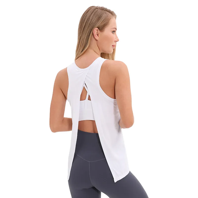 Women Casual Loose Solid Color Round Neck Sleeveless Back Split Sports Tank Top