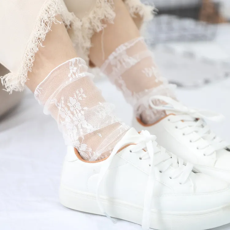 Fashion Solid Color Sweet Lace Women Ultra-Thin Stacked Mesh Socks