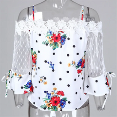 Women Floral Print Mesh Patchwork Long-Sleeve Lace Top