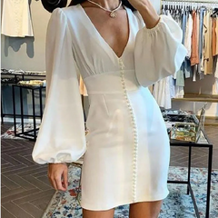 Women Fashion Solid Color V-Neck Lantern Sleeve Dress