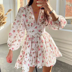 Tiny Flower Print V-Neck Long Sleeve Dress