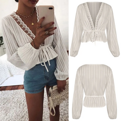 Women Striped Pattern Lace V Neck Lantern Sleeve Blouse