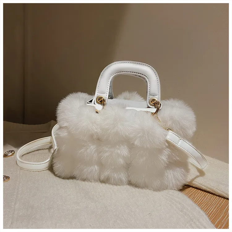 Women Casual Pompon Design Color Blocking Shoulder Handle Bag