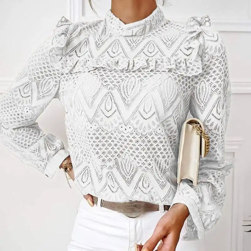 Women Chic Mock Neck Lace Patchwork Ruffle Blouse