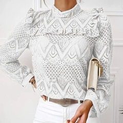 Women Chic Mock Neck Lace Patchwork Ruffle Blouse