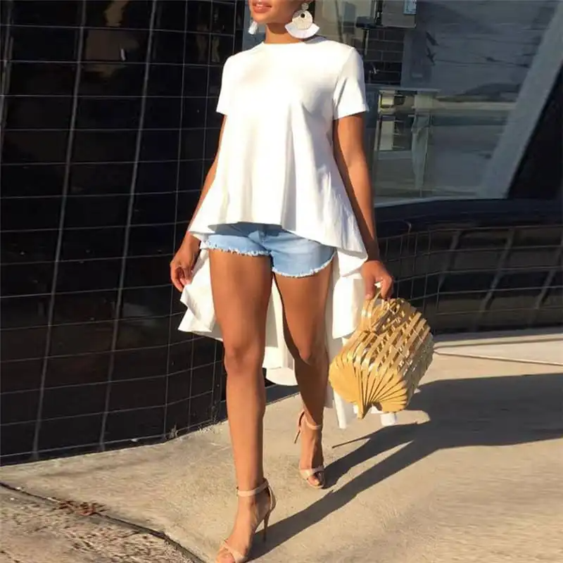 Women Fashion Solid Color Irregular High Low Hemline Blouse