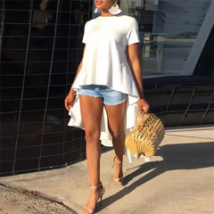 Women Fashion Solid Color Irregular High Low Hemline Blouse