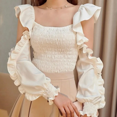 Women Fashion Cool Shoulder Ruffled Stretchy Blouse