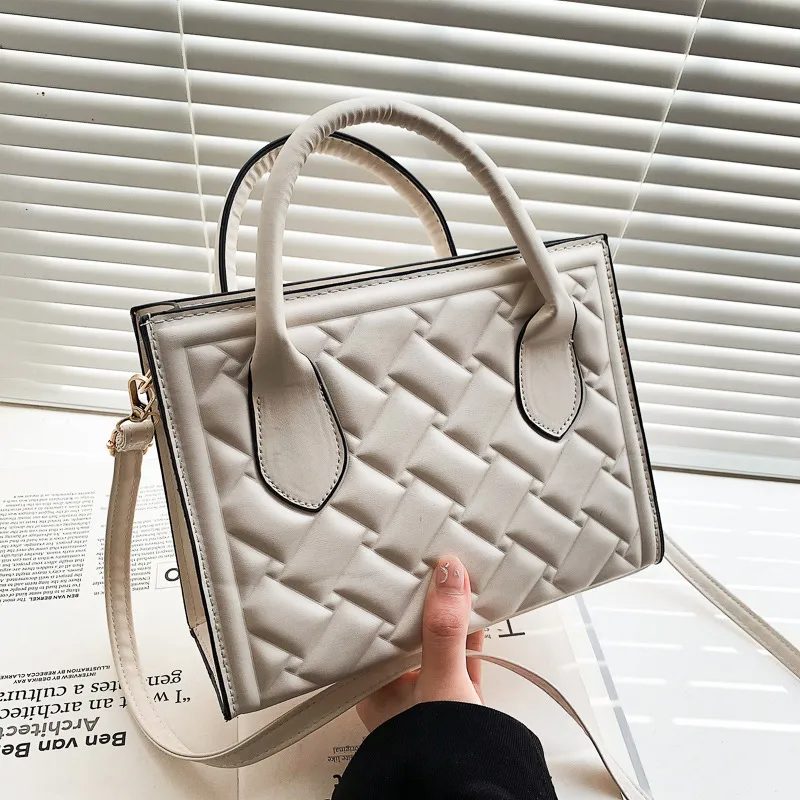 Women Fashion Square Embossed Design Solid Color PU Shoulder Bag