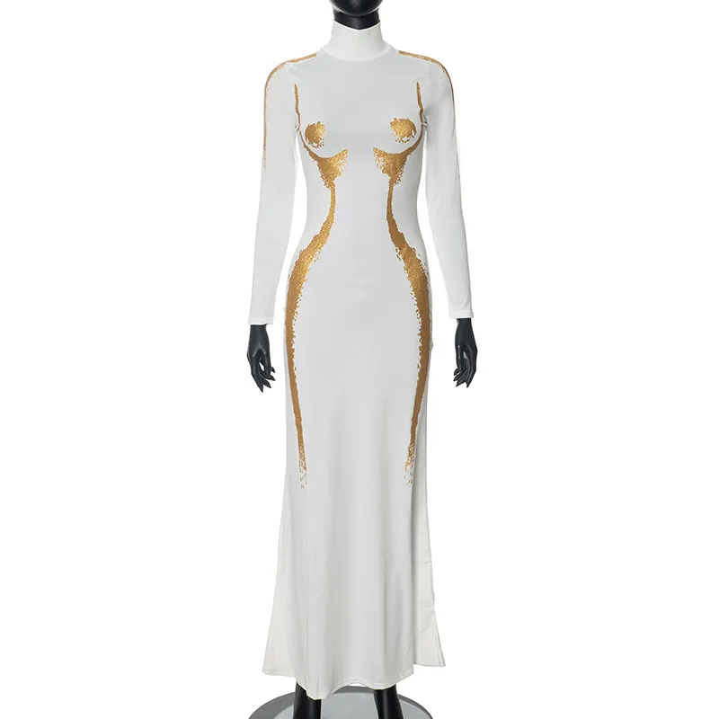 Women Fashion Print Long Sleeve Bodycon Maxi Dress