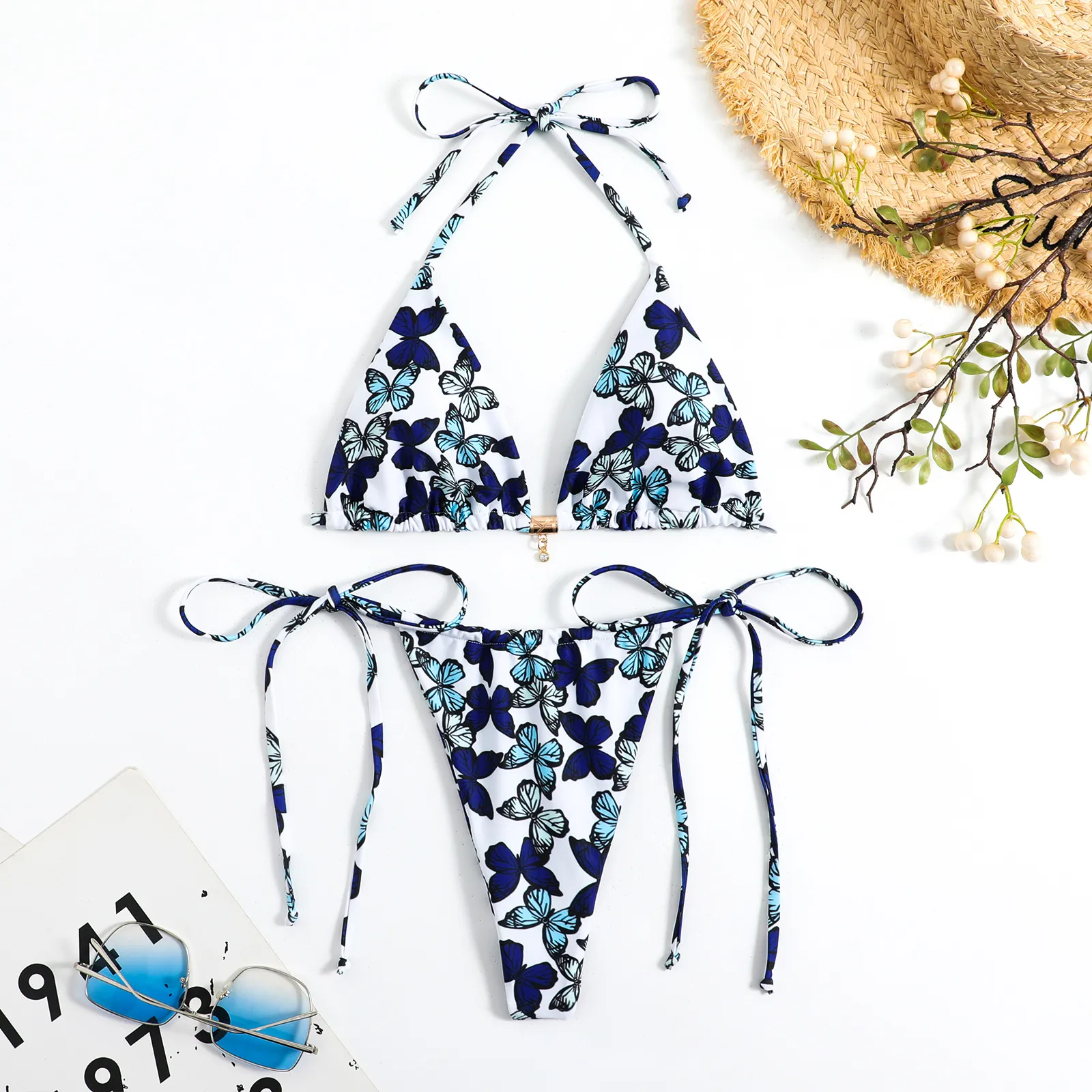 Women Fashion Sexy Tiger Floral Butterfly Print Lace-Up Bikini Swimsuit Set