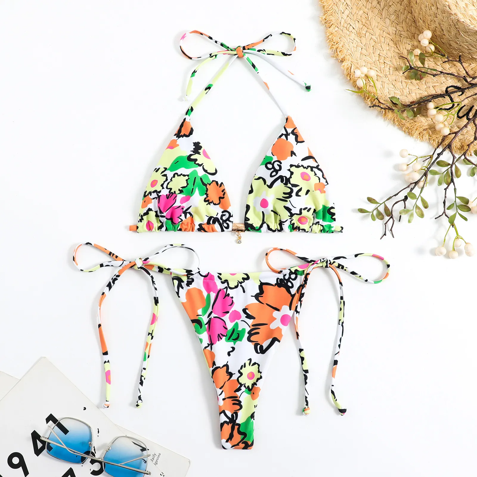 Women Fashion Sexy Tiger Floral Butterfly Print Lace-Up Bikini Swimsuit Set