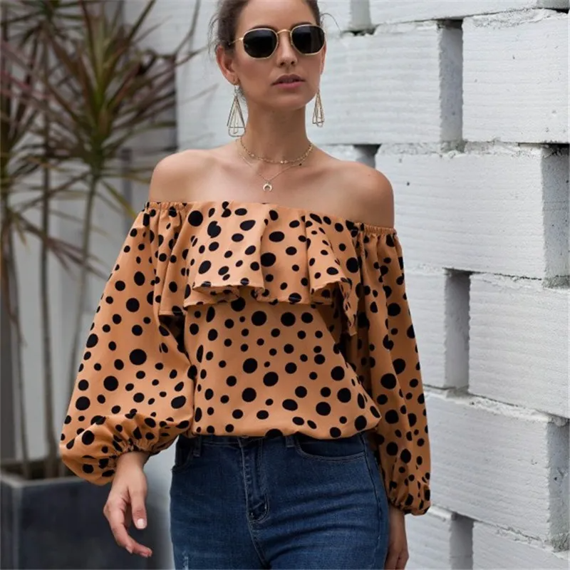 Women Fashion Polka Dot Printed Off-The-Shoulder Puff Sleeve Ruffle Blouse
