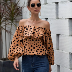 Women Fashion Polka Dot Printed Off-The-Shoulder Puff Sleeve Ruffle Blouse