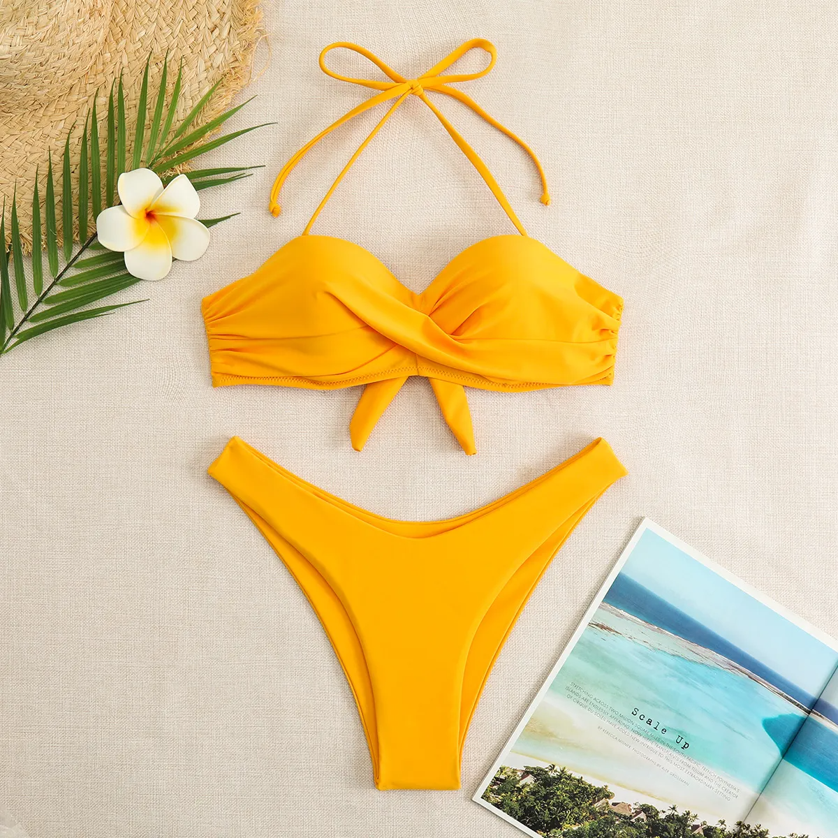 Women Fashion Sexy Halter Neck Tube Top Solid Color Swimsuit Two-Piece Set