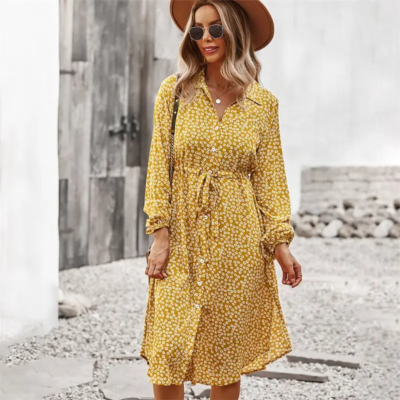 Women Fashion Tiny Flower Printed Single-Breasted Dress