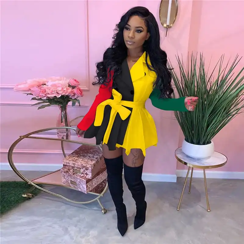 Women Fashion Color Blocking Lapel Buttoned Dress