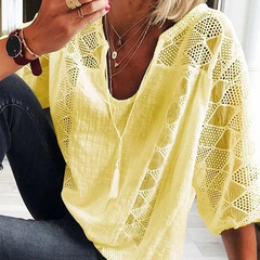 Women Casual Lantern Sleeve Hollow Out Blouse