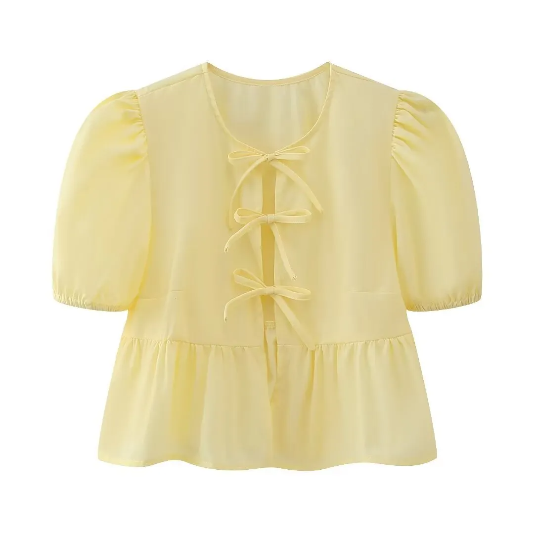 Women Sweet Casual Puff Sleeve Bow Knot Ruffled Stripe Leopard Blouse