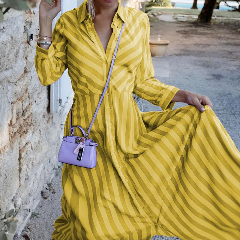 Women Fashion Casual Stripe Long Sleeve Maxi Dress