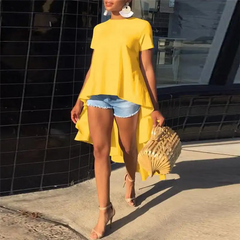 Women Fashion Solid Color Irregular High Low Hemline Blouse