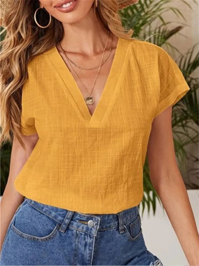 Women Casual Summer Solid Color Loose Short-Sleeved V Neck Short-Sleeved Blouse