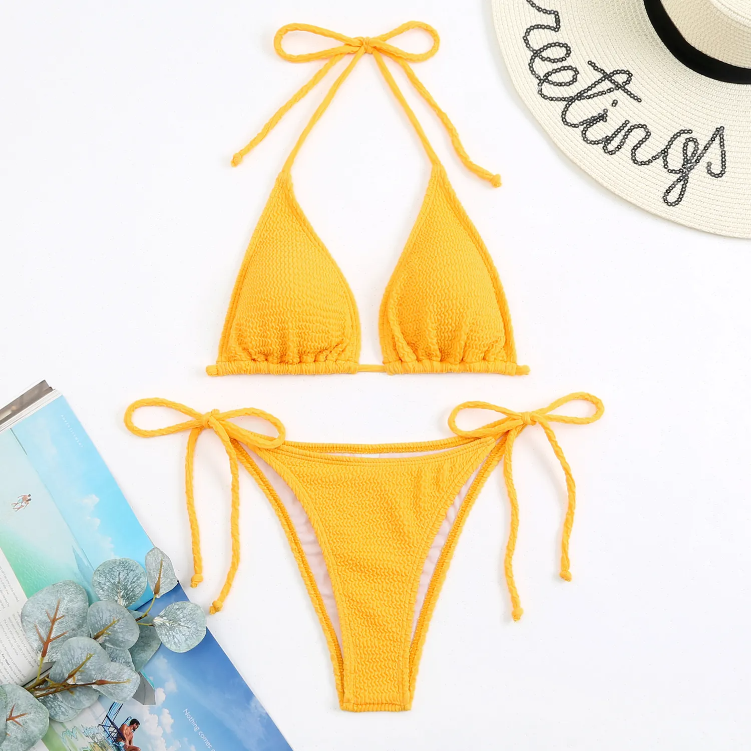 Women Fashion Sexy Fluorescent Color Ruffled Tether Bikini Swimsuit Two-Piece Set
