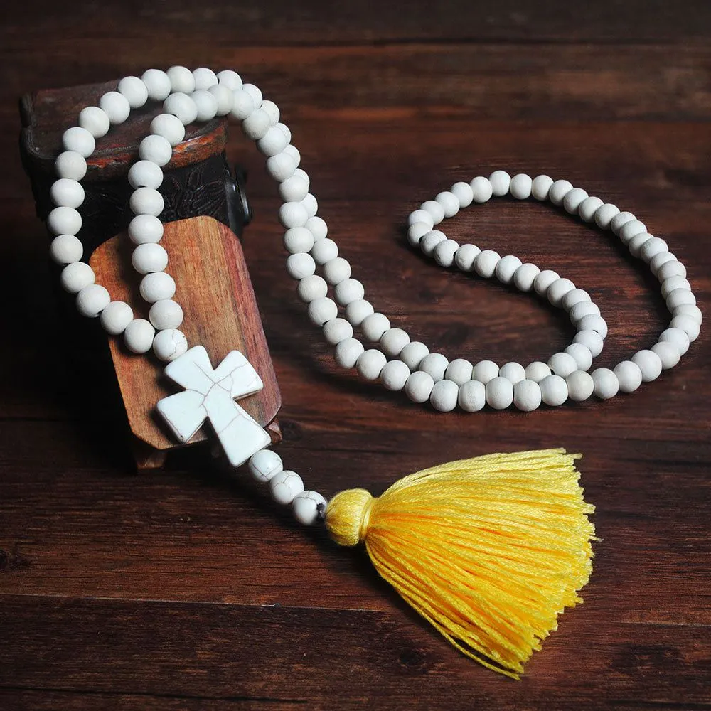 Hot Sale Vintage Pattern White Wooden Beads Cross Tassel Pendant Necklace