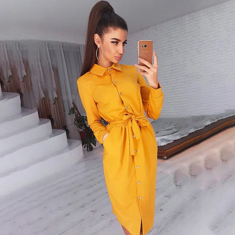 Women Fashion Solid Color Single-Breasted Long Sleeve Shirt Dress