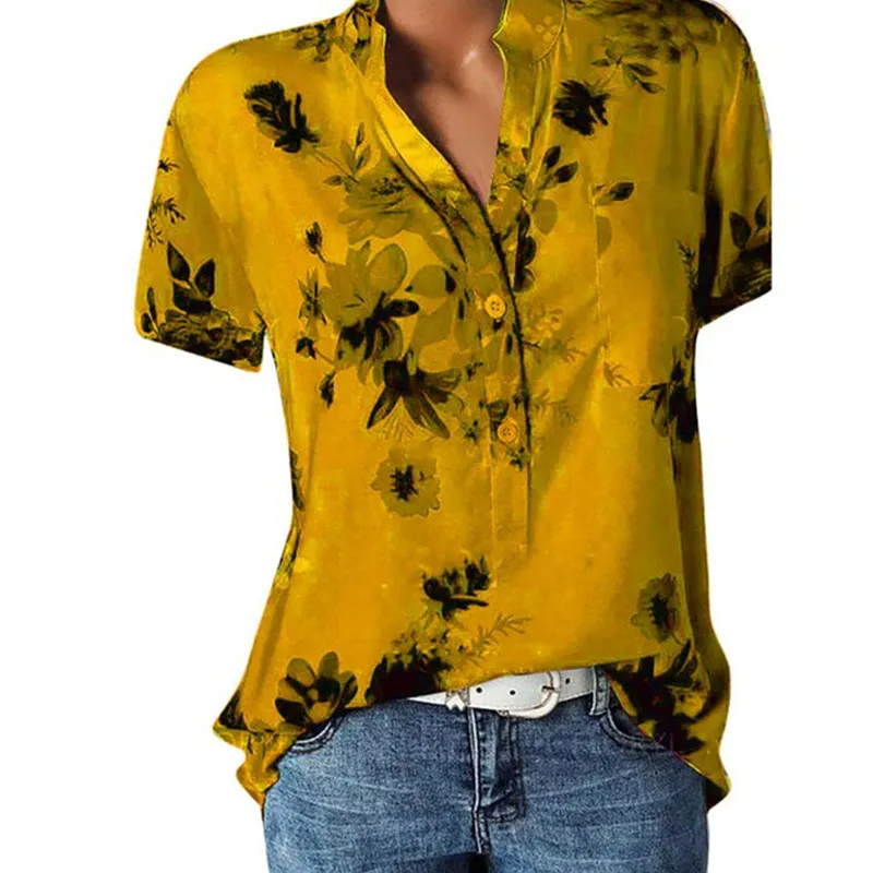 Women Elegant Fashion Loose Casual Short Sleeves Tiny Flower Print V Neck Blouse