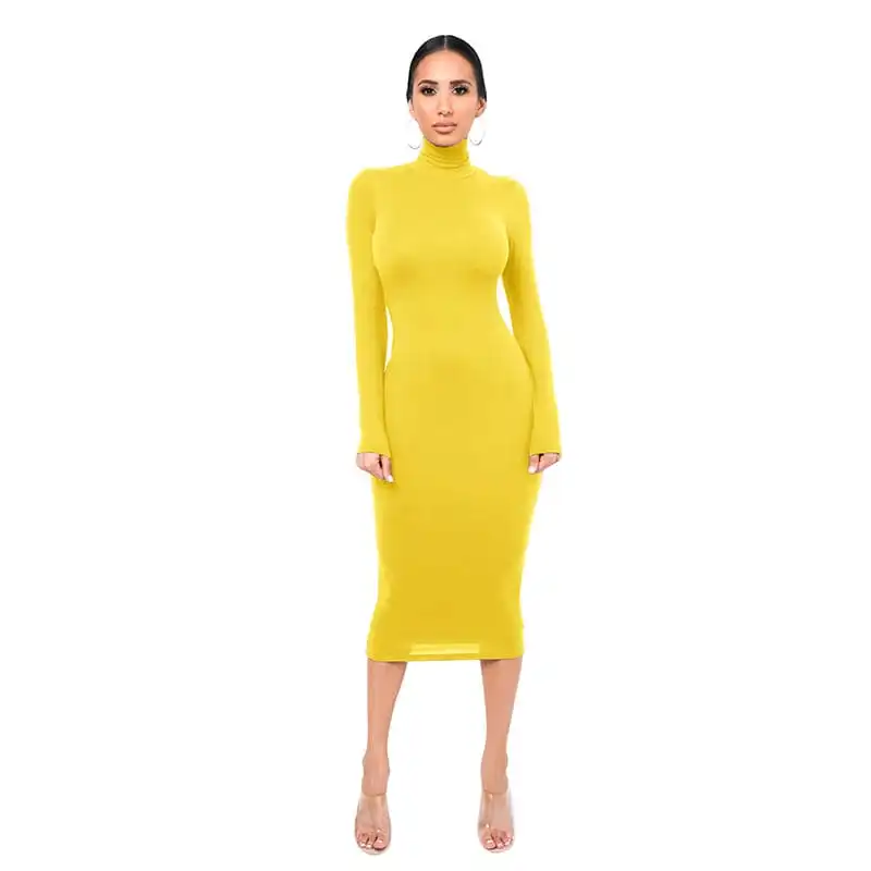 Women Fashion Solid Color Turtle Neck Long Sleeve Dress