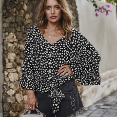 Women V Neck Lace-Up Dot Print Blouse