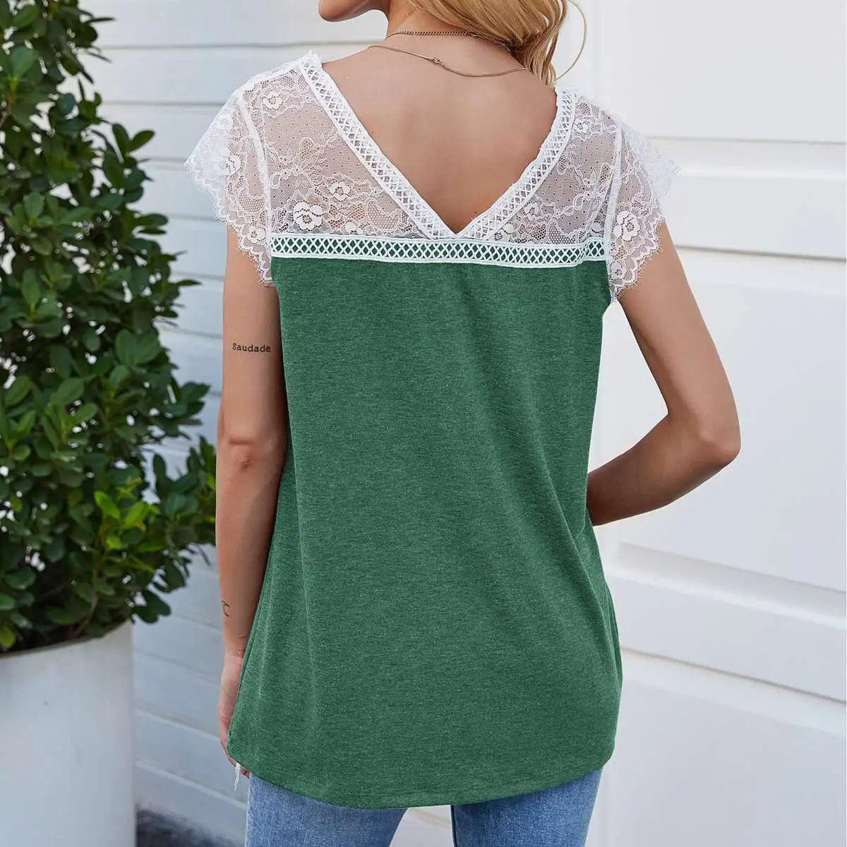 Women V-Neck Short-Sleeve Lace Patchwork Loose Blouse