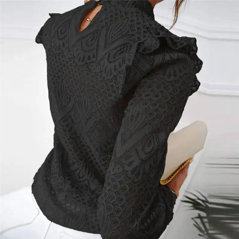 Women Chic Mock Neck Lace Patchwork Ruffle Blouse