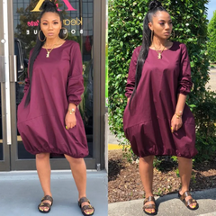 Round Neckline Long-Sleeve Pocket Design Loose Casual Dress