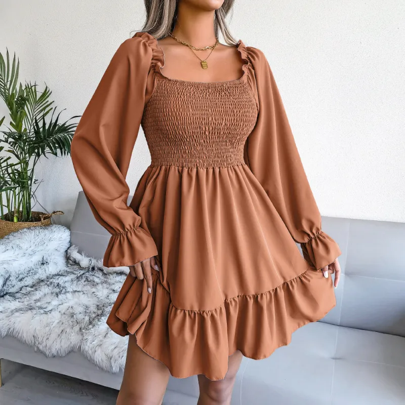 Women Fashion Square Neck Flared Long Sleeve Ruffle Swing Dress