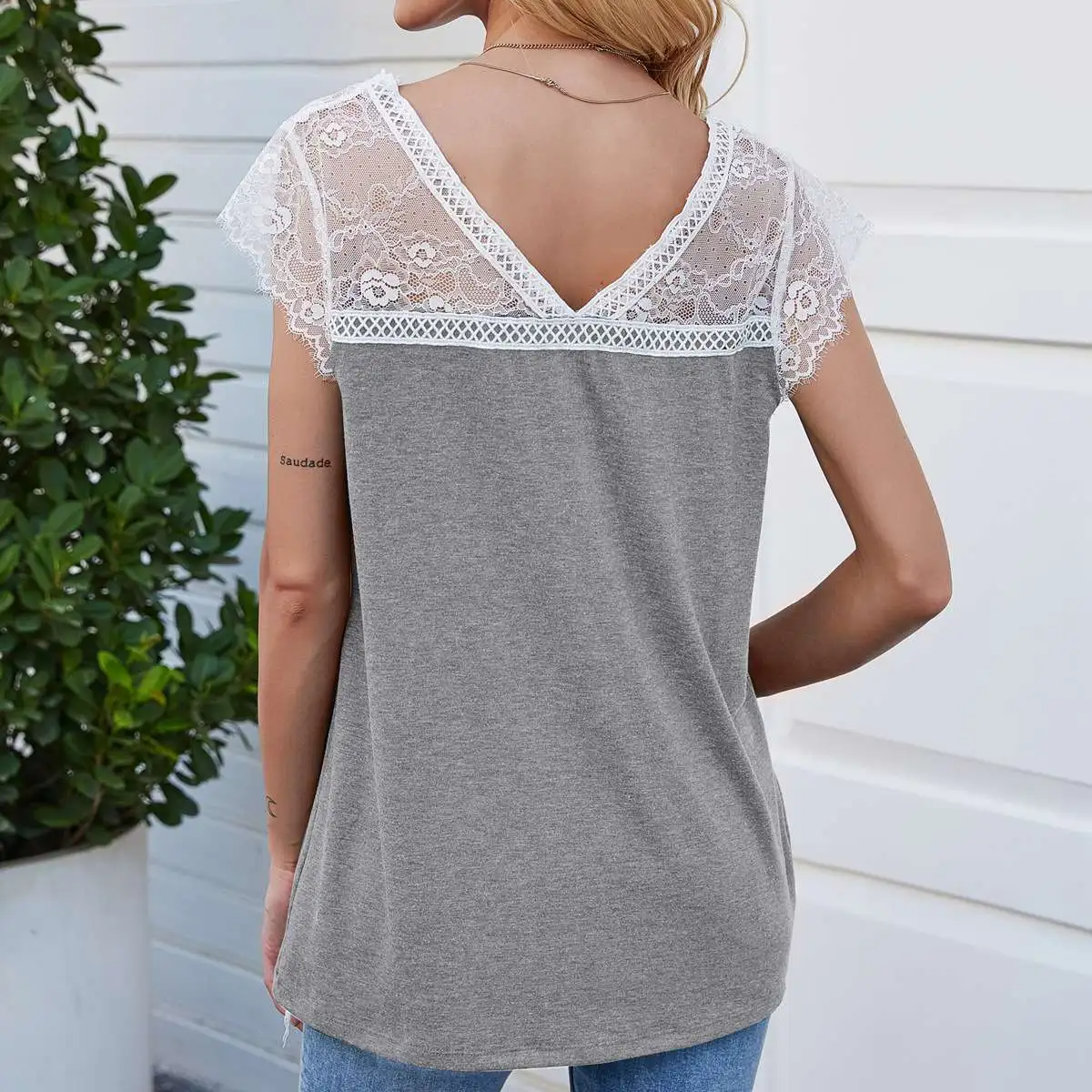 Women V-Neck Short-Sleeve Lace Patchwork Loose Blouse