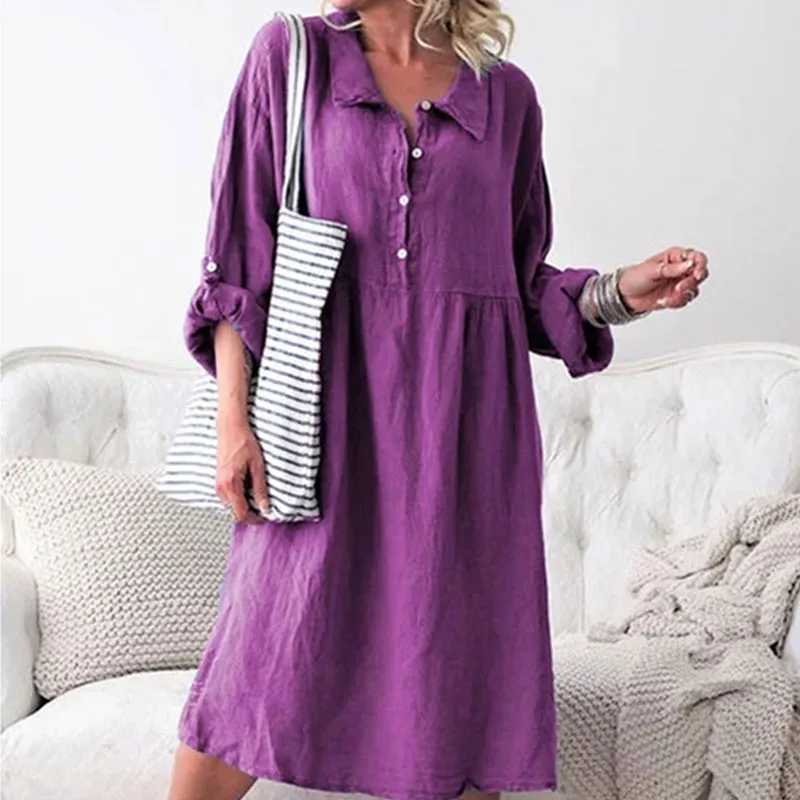 Women Lapel Single-Breasted Long-Sleeve Loose Dress