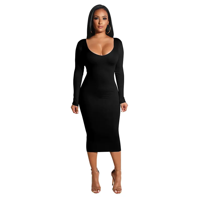 Sexy Scoop Neck Long-Sleeve Hollow Solid Color Bodycon Dress