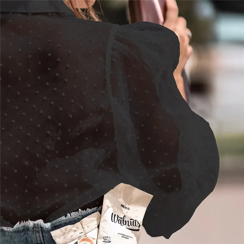 Women Fashion Dotted Mesh Lantern Sleeve Blouses