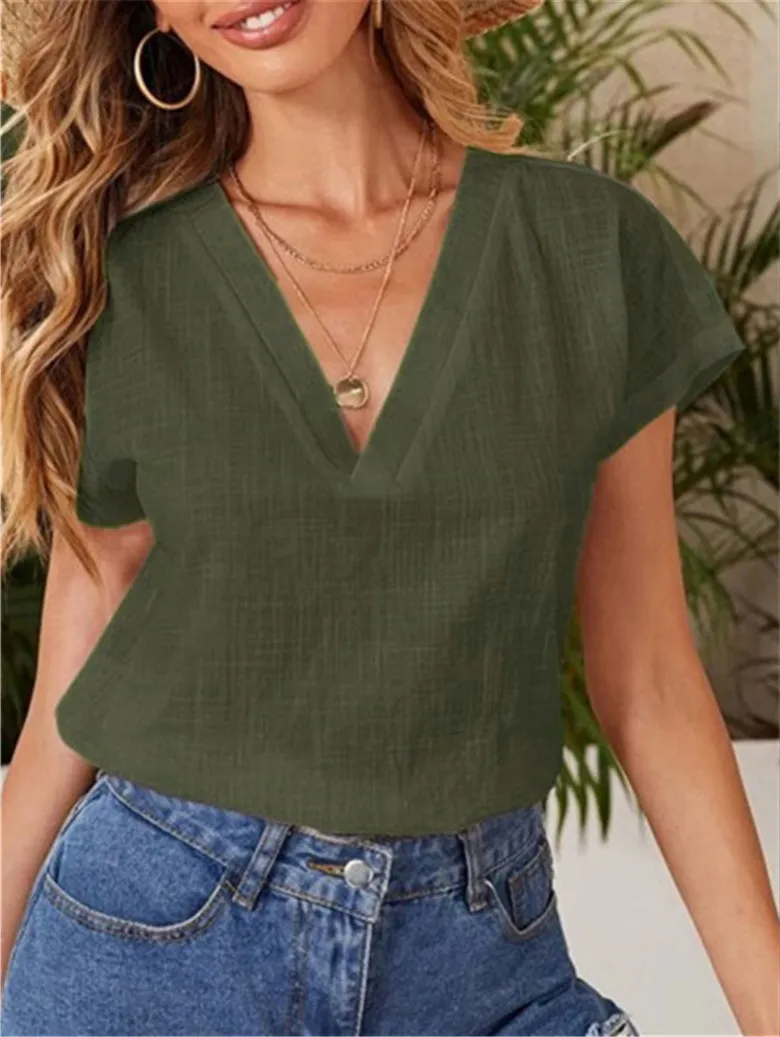 Women Casual Summer Solid Color Loose Short-Sleeved V Neck Short-Sleeved Blouse