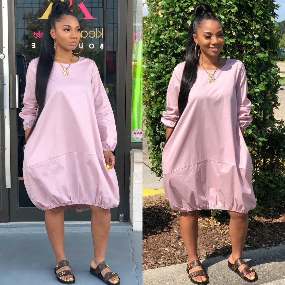 Round Neckline Long-Sleeve Pocket Design Loose Casual Dress