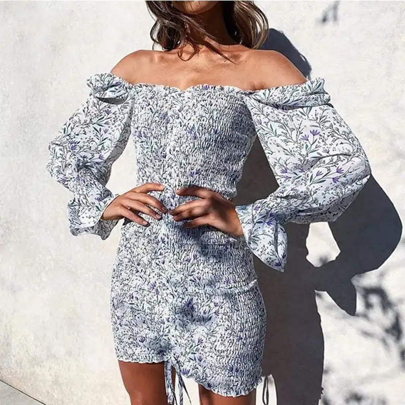Women Fashion Floral Printed Ruffled Crease Dress