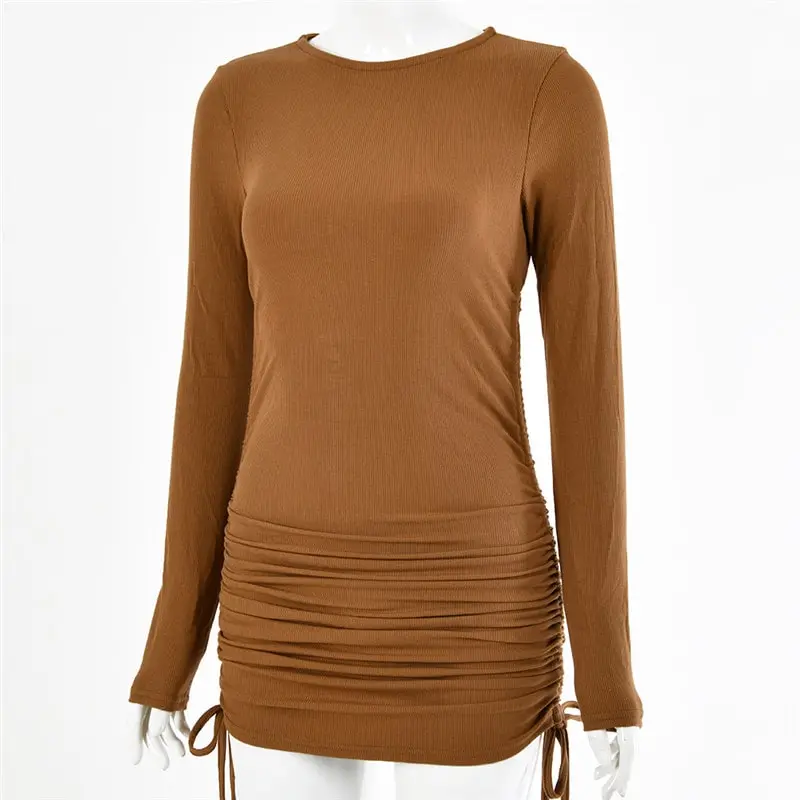 Women Fashion Solid Color Long Sleeve Drawstring Dress