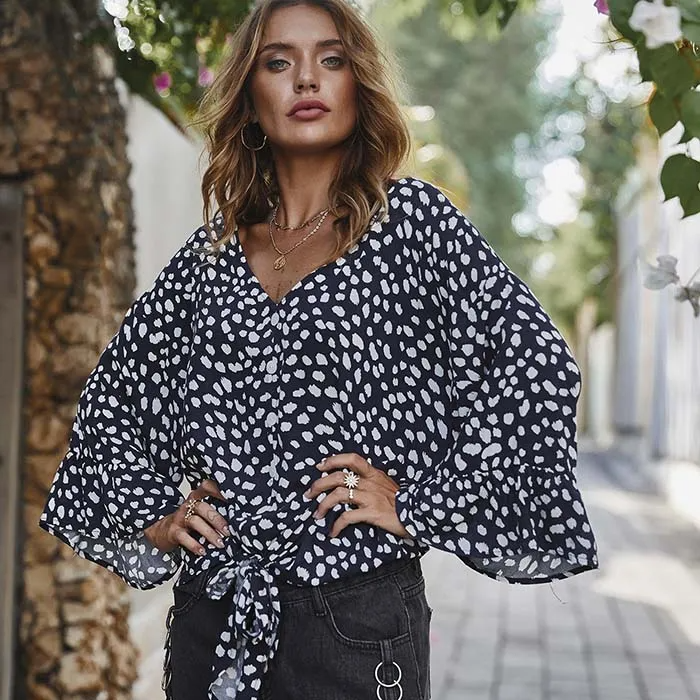 Women V Neck Lace-Up Dot Print Blouse