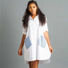 Women Block Color Single-Breasted Casaul Loose Dress