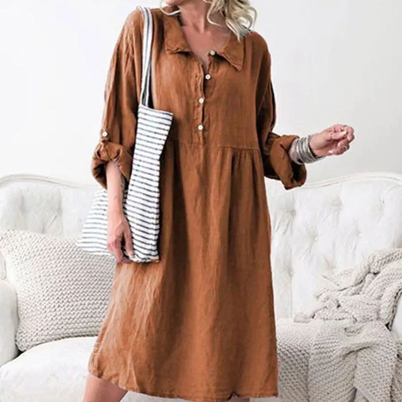 Women Lapel Single-Breasted Long-Sleeve Loose Dress