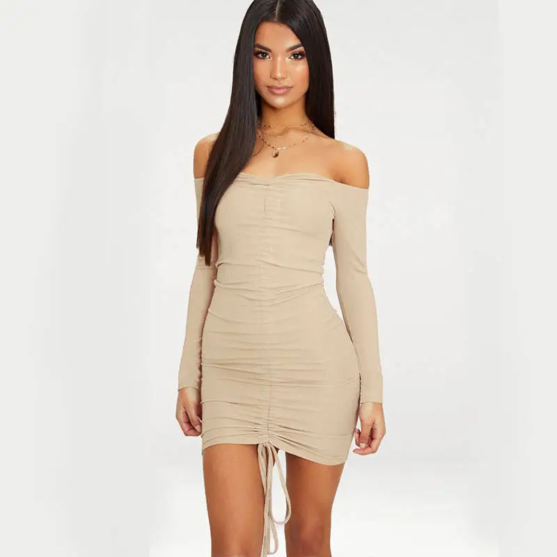 Off-The-Shoulder Long Sleeve Drawstring Mini Dresses